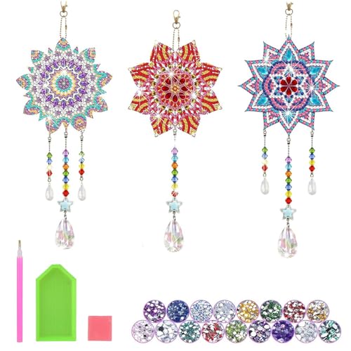 Yoaeyok 3 Stück Diamond Painting Sets Mandala Diamond Painting Anhänger Diamond Painting Sonnenfänger Kristalle Windspiel Basteln Kristall Anhänger Hängender Ornament Fensterdeko von Yoaeyok