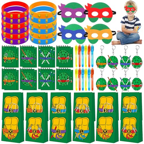 72 Stück Ninja Schildkröte Party Mitgebsel,12 Ninja Schildkröte Partytüten Geschenktüten + Notizbuch + Maske + Stifte + Armband + Schlüsselanhänger für Kinder Thema Geburtstagsfeier Gefälligkeiten von Yoazroan