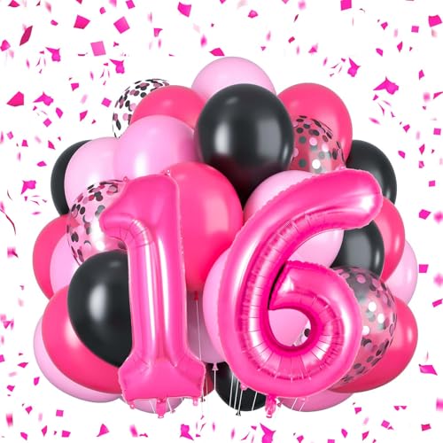 Süße 16 Luftballons Rosa Schwarz Geburtstagsdeko Zahl 16 Luftballons Hot Pink Geburtstagsdekorationen für Mädchen Geburtstagsfeier (16) von Yoehlon