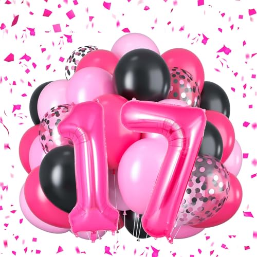 Süße 16 Luftballons Rosa Schwarz Geburtstagsdeko Zahl 16 Luftballons Hot Pink Geburtstagsdekorationen für Mädchen Geburtstagsfeier (17) von Yoehlon