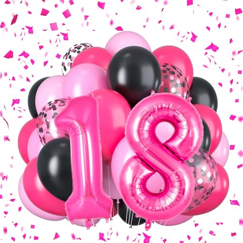 Süße 16 Luftballons Rosa Schwarz Geburtstagsdeko Zahl 16 Luftballons Hot Pink Geburtstagsdekorationen für Mädchen Geburtstagsfeier (18) von Yoehlon