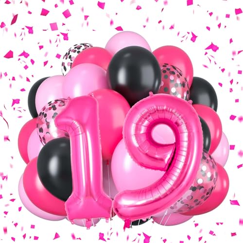 Süße 16 Luftballons Rosa Schwarz Geburtstagsdeko Zahl 16 Luftballons Hot Pink Geburtstagsdekorationen für Mädchen Geburtstagsfeier (19) von Yoehlon