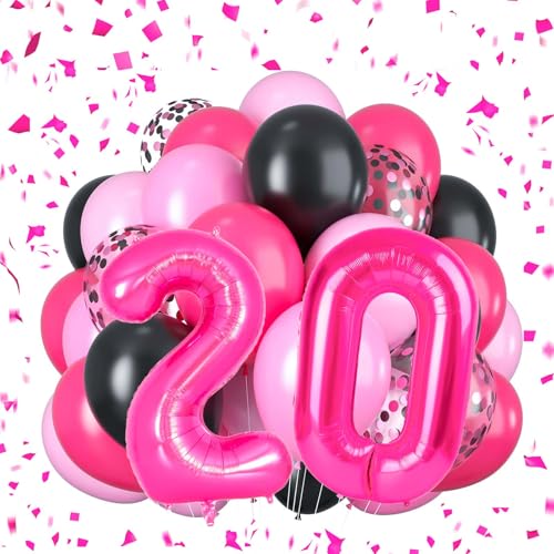 Süße 16 Luftballons Rosa Schwarz Geburtstagsdeko Zahl 16 Luftballons Hot Pink Geburtstagsdekorationen für Mädchen Geburtstagsfeier (20) von Yoehlon