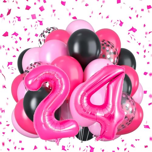 Süße 16 Luftballons Rosa Schwarz Geburtstagsdeko Zahl 16 Luftballons Hot Pink Geburtstagsdekorationen für Mädchen Geburtstagsfeier (24) von Yoehlon