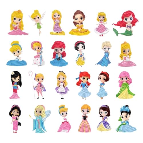 24 Stück Princess Cartoon 5D Diamond Painting Aufkleber,Cute Anime Prinzessin Diamand Painting Set,Kawaii Diamond Painting Kits für Kinder,5D Diamand Painting DIY Stickers Kit für Erwachsene Anfänger von Yoimckay