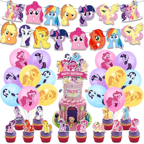 30 Stück Dekorationen für Kindergeburtstage,Niedlich Cartoon Latex Ballons,Pferd Anime Animal Kuchen Cake Toppers,"Happy Birthday" Dekoration Banner,Cute Horse Karikatur Party Deko mit Farbige Ballons von Yoimckay