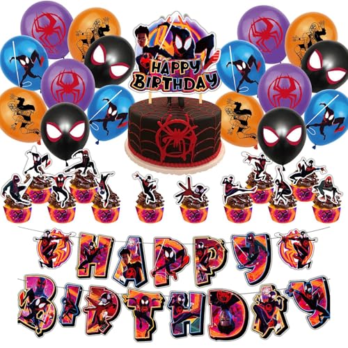 30 Stück Geburtstagsdeko, Cartoon Design Geburtstag Party Deko, Happy Birthday Dekoration Banner, Kindergeburtstag Deko Farbige Luftballons Cupcake Topper, Banner+ Torteneinsatz + 20 Luftballons von Yoimckay