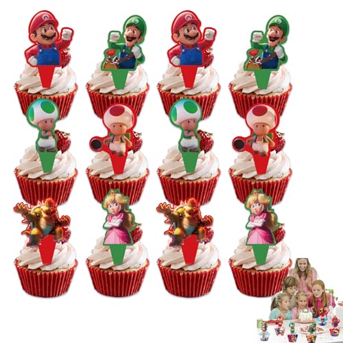 48Pcs Cartoon Super Mario Cake Toppers Wrapper Set, Tortendeko Kuchendekoratio für Kinder, Karikatur Anime Figuren Party Kuchen Deko für Kinder Geburtstag Party Dekoration von Yoimckay