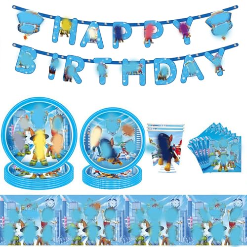 52Pcs Cartoon Partygeschirr Set,Anime Dog Geburtstag Deko set, Karikatur Thema Teller Becher Servietten Tischdecke Birthday Banner, Party Tableware Supplies,Kindergeburtstag für Jungen und Mädchen von Yoimckay