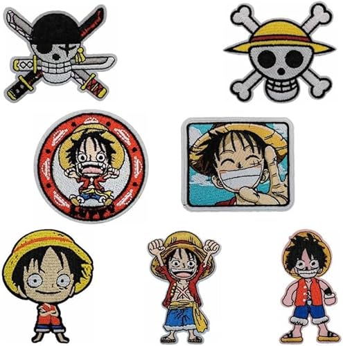 7 Stück Cartoon Patches Aufbügeln, Luffy Zoro Anime Bestickte Aufnäher,Jean Patch Sticker, Aufnähen Bügelbilder Set,Sewing Applique, Flicken,Textilien Bügelflicken für DIY Kleidung, 7 Stück Muster von Yoimckay