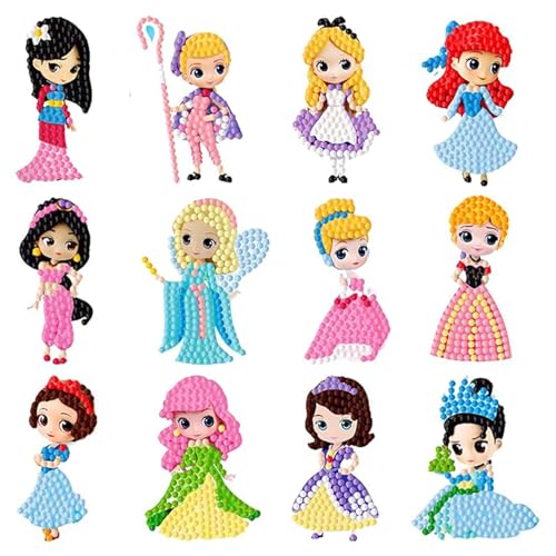 Yoimckay 12 Stück Cartoon Diamond Painting Kinder, DIY Prinzessin Diamant Aufkleber Kit, 5D Diamant Painting Bilder Sticker mit Werkzeug, Cartoon Diamantmalerei für Kinder und Erwachsene Anfänger von Yoimckay