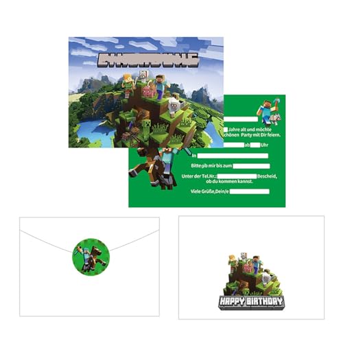 Yoimckay 12PCS Deutsche Einladungskarten Kindergeburtstag Junge,12 Umschläge,Cartoon Geburtstag Einladungskarten, Cartoon Anime Thema Party Einladungen,für coole Gaming Kindergeburtstag Zocker Party von Yoimckay