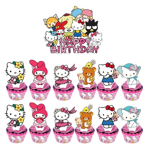 Yoimckay 13 Stück Kitty Cake Topper, Acryl Cupcake Toppers Dekoration, Happy Birthday Tortendeko für Junge Mädchen Kinder Themen Geburtstag Party, Muffins Dessert Kuchen Deko von Yoimckay