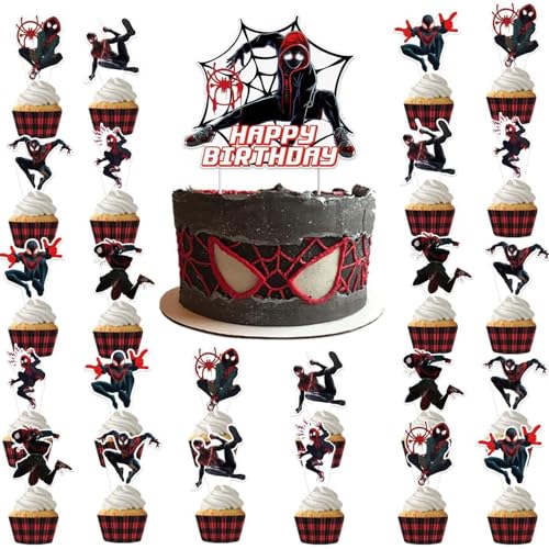 Yoimckay 25 Stück Spiderma Cake Topper, Cupcake Toppers Dekoration, Happy Birthday Tortendeko für Junge Kinder Geburtstag Spiderman Themen Party, Muffins Dessert Wrappers Kuchen Spider Deko von Yoimckay