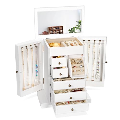 Yoimori Schmuckschatulle für Frauen, rustikale Holz-Schmuckschatullen und Organizer mit Spiegel und Schubladen, 6-lagige Schmuck-Organizer-Box für Ringe, Ohrringe, Halsketten, Armbänder (verwittertes von Yoimori