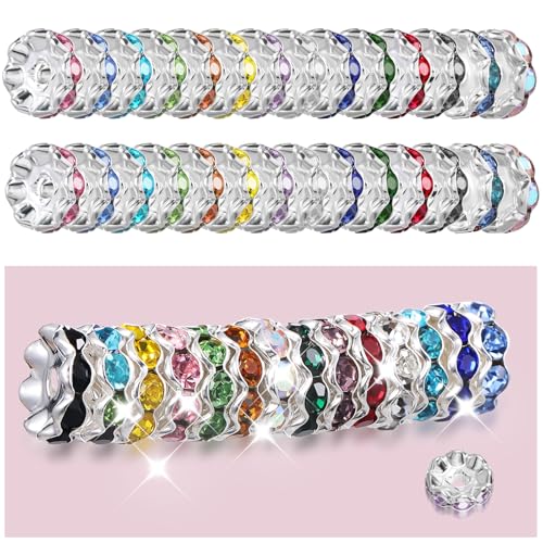 100 Stück Zwischenperlen Strass Rondelle Spacer Perlen für Armbänder Farbe 12 mm Strassperlen zur Herstellung von Großlochperlen Kugel Abstandsperlen Strass Erwachsene Schmuckherstellung von Yolev