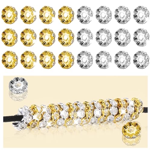 100 Stück Glitzer Zwischenperlen für Armbänder Gold Silber 12 mm Strassperlen zur Herstellung von Großlochperlen Kugel Abstandsperlen Weiß Perlen zum Auffädeln Erwachsene Schmuckherstellung von Yolev