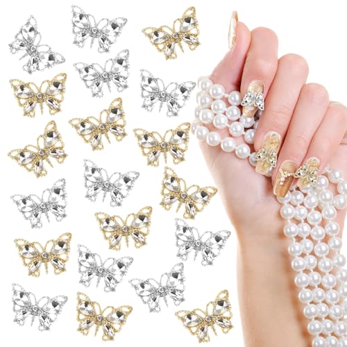 20 Stück Schmetterlings Nail Charms Strasssteine Schmetterling Nägel Charms Diamant Nagelschmuck 3D Gold Schmetterlings Nagelkunst Zubehör Nagelkunst Strasssteine Damen Nail Design von Yolev