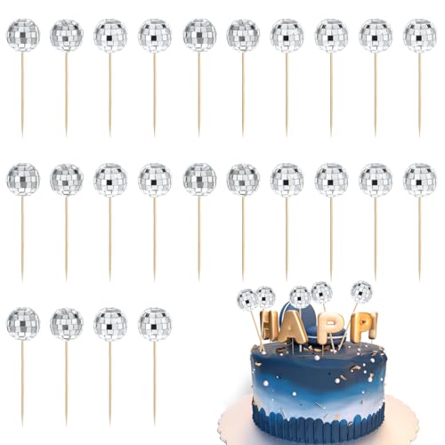 24 Stück Discokugel Tortendeko Kuchen Toppers Kuchenaufsätze 1970er Jahre Mini Disco Kugel Party Decorations 70er Jahre Cupcake Topper Mini Discokugel Spiegel Kuchen Deko mit Stäbchen von Yolev