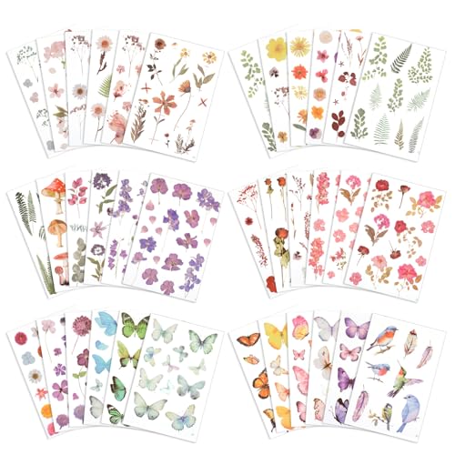 36 Blatt Blumen Scrapbook Stickers Schmetterlings Vögel Selbstklebende Fotoalbum Stickers Transparente PET Pflanzen Dekorative Aufkleber für Fotoalbum Journaling Scrapbooking DIY Zubehör von Yolev