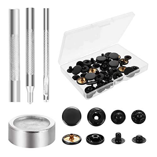 Yolev 12 Sets Druckknopf Set mit Zange Schwerlast Leder Druckknöpfe 15 mm Robustes Leder Druckknopf Set Druckknöpfe mit 4 Montagewerkzeugen Ledernieten und Druckknöpfen Schwarz 1X von Yolev