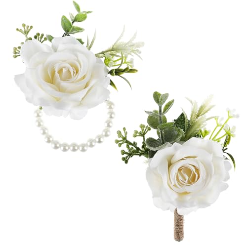 Yolev 2 Stücke Weiß Ansteckblume Handgelenksblume Künstliches Rosenblumen Armband Corsage Weiß Braut Bräutigam Handgefertigt Knopfloch Hochzeit Boutonniere Rose Anstecker Hochzeit von Yolev