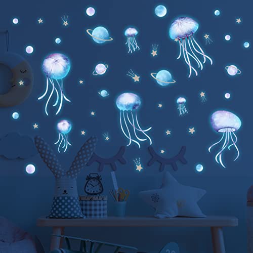 Yomaido Leuchtende Qualle Wandaufkleber 4 Stück, Glow in the Dark Wandaufkleber, Fluoreszenz Aufkleber Dekoration für Kinderzimmer und Babyzimmer von Yomaido