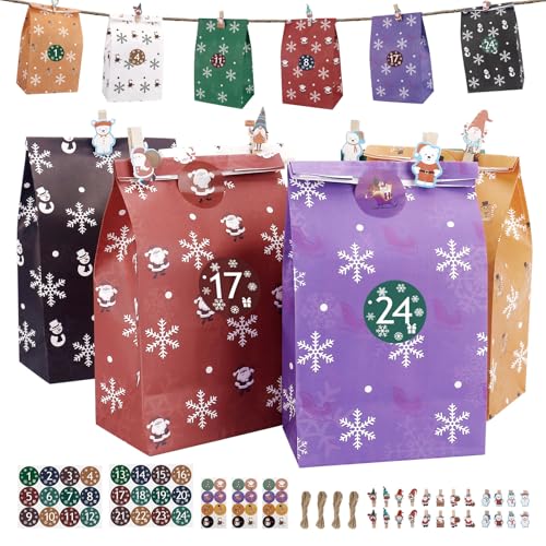 Adventskalender zum Befüllen Kinder, Yomisee 24 Weihnachtskalender Papiertüten Groß zum Selber Befüllen mit Aufkleber DIY Kraftpapiertüten Adventskalender Tüten zum Selbstbefüllen von Yomisee