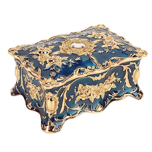 Yomiyuyr Vintage Jewelry Box, antike Schmuckschatulle für Frauen, hölzerne Schmuckschatulle mit Samt Liner, Zinklegierung Vintage Box für Ringe, Ohrringe und kleiner Schmuck (Gold blau) von Yomiyuyr