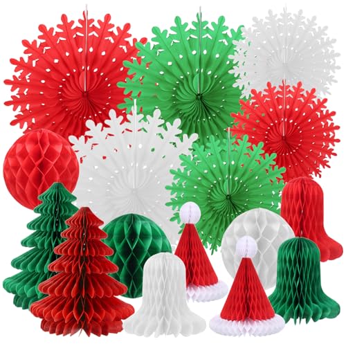 YoniYa 16er et Deko Weihnachten Pompons, Weiß, Grün und Rot weihnachtsdeko Wiederverwendbare Christmas Deko Tischdeko papiersterne Wabenbälle Weihnachtspapierfächer Pom-Poms Weihnachtsdeko Tisch von YoniYa