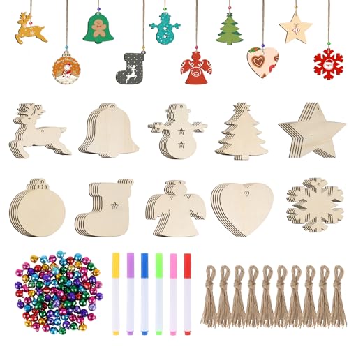 YoniYa 306 pcs Weihnachtsbaum Deko Holz Holzanhänger unbehandelte Holzspäne Weihnachten zum Bemalen Weihnachtsbaum Deko Holz Weihnachtsdeko Anhänger DIY Weihnachtsdekoration Holz von YoniYa