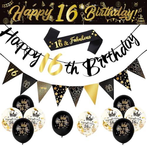 14 Stücke 16th Happy Birthday Dekorationen Kit, Geburtstag Party Dekoration Einschließlich Party Supplies Geburtstagsgurte 2.7 m Banner Dreieck Flaggen Konfetti Latex Ballons von Yontree