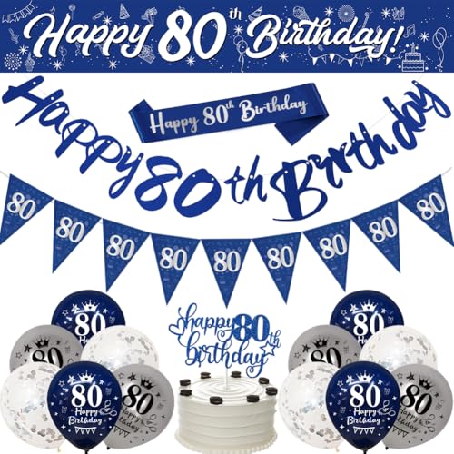 Happy 80th Birthday Dekorationen für Männer, marineblau silber 80. Geburtstag Banner 80. Geburtstag Party Dekorationen, Geburtstag 2,7 m Banner Wimpelkette Schärpe Konfetti Latex Ballons Kuchen Topper von Yontree