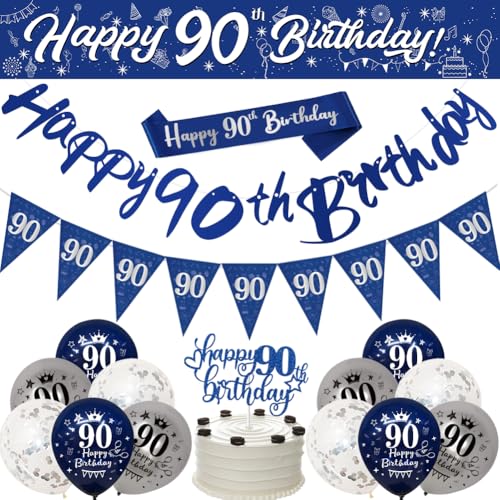 Happy 90th Birthday Dekorationen für Männer, marineblau silber 90. Geburtstag Banner 90. Geburtstag Party Dekorationen, Geburtstag 2,7 m Banner Wimpelkette Schärpe Konfetti Latex Ballons Kuchen Topper von Yontree