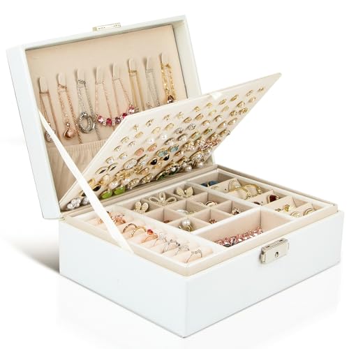 Yonzone Schmuckkästchen Organizer für Frauen und Mädchen, große Schmuckschatulle für Ohrringe, Ringe, Armbänder, Halsketten, 3-lagig, PU-Leder, abschließbar, Schmuckaufbewahrung, Geschenk, mit von YONZONE