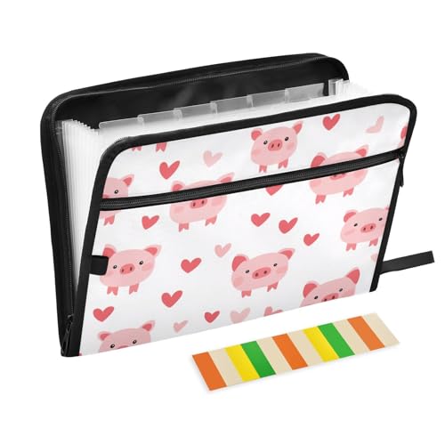 Anpassbare Aktenordner, 13 Taschen, A4, Briefgröße mit Reißverschluss, für Schule, Zuhause, Büro, Klassenzimmer, Happy Valentine's Day, Cartoon-Schwein, Weiß von Yoogain