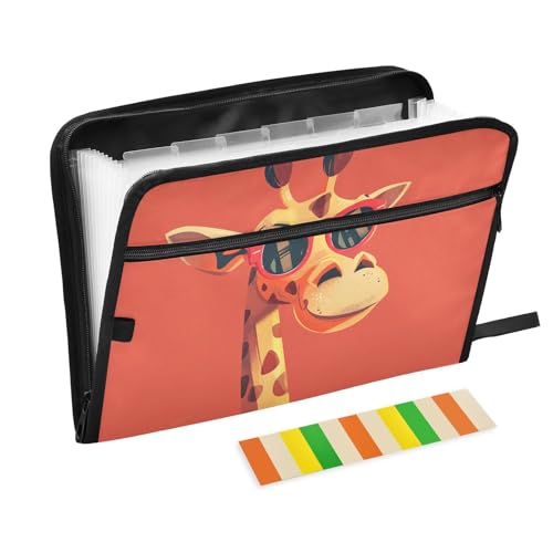 Anpassbarer Aktenordner, 13 Fächer, A4, Briefgröße mit Reißverschluss, für Bürobedarf, Giraffe, Rot, Cartoon, cooler Para-Guardar von Yoogain