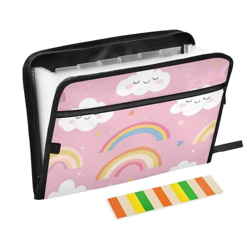 Anpassbarer Aktenordner, Organizer, 13 Taschen, A4, Briefgröße mit Reißverschluss, für Business, Cartoon, niedliche weiße Wolken, Regenbogen-Expando von Yoogain