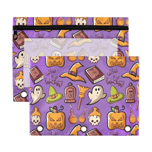 Federmäppchen mit Halloween-Motiv, violett, 3 Löcher, mit transparenten Fensterringen, Federmäppchen in verschiedenen Farben, 3 Ringe, Ordner für Bürobedarf, mehrfarbig, 2 Stück von Yoogain