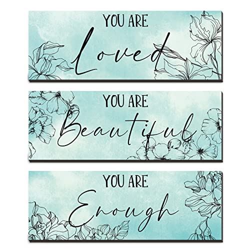 Wandschmuck aus Holz, mit floralem Motiv, positive Zitate "You Are Loved You Are Beautiful You Are Enough", inspirierendes Wortschild, Wandkunst, Schlafzimmer, Kinderzimmer (Hellgrün) von Yookeer