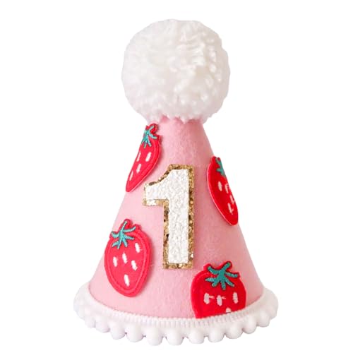 Yoolhamy 1. Geburtstag Hut für Baby Mädchen Jungen, Boho Erster Geburtstag Hut, Handgemachte One Birthday Crown Conical Cap Dekorationen (Erdbeere) von Yoolhamy