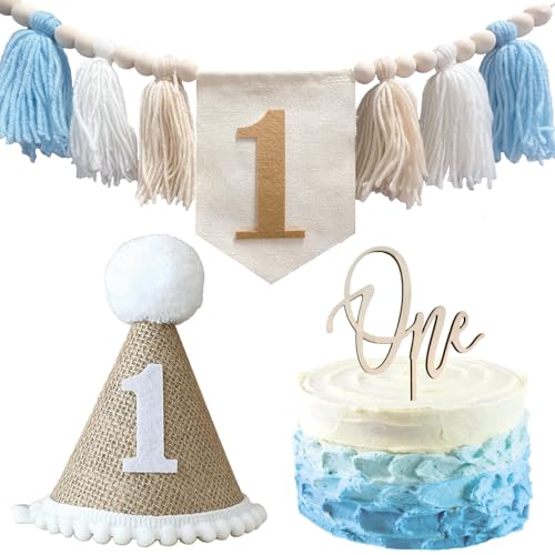 Yoolhamy Hochstuhl Banner 1. Geburtstag mit Geburtstagskrone Dekorationen und Kuchendekoration für den Ersten Geburtstag Jungen und Mädchen (Baby Boy Blue) von Yoolhamy