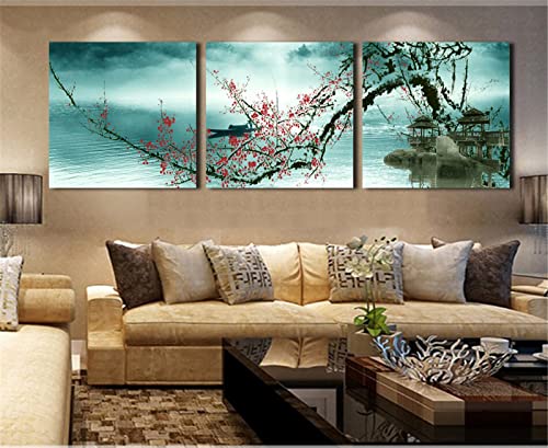 Chinesische Pflaumenblütenlandschaft Diamond Painting,3 Pack Diamant Painting Bilder DIY 5d Diamant Malerei Kits Kristallartiges Stickerei Kreuzstich Set für Room Wanddekoration Round Drill,40x40cm von Yoonqun