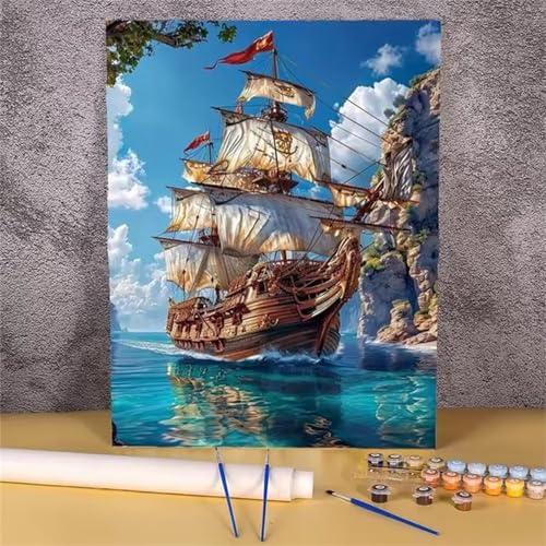 Yoonqun Insel-Segelboot Malen nach Zahlen Erwachsene,ohne Rahmen DIY Handgemalt Ölgemälde Kit für Anfänger,40x50cm Leinwand Paint by Numbers Kit mit Pinseln und Acrylfarben für Home Wand Dekor von Yoonqun