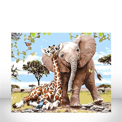 Yoonqun Malen Nach Zahlen Erwachsene,Giraffen Elefanten Tier DIY Ölgemälde auf Leinwand Erwachsene Kinder Ölgemälde Kit mit Pinseln und Acrylfarbe für Home Décor (mit Rahmen) 40x50cm von Yoonqun