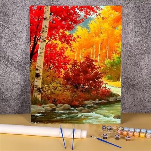 Yoonqun Malen Nach Zahlen Erwachsene,Herbst Wald Fluss Paint by Numbers Malen Nach Zahlen Set,DIY mit Pinseln und Acrylfarben Handgemalt Ölgemälde Leinwand für Home Décor,mit Rahmen 30x40cm von Yoonqun