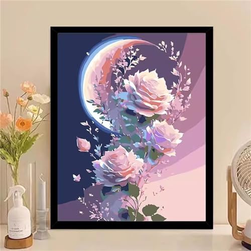 Yoonqun Malen Nach Zahlen Erwachsene,Mond-Rosen DIY Ölgemälde auf Leinwand Erwachsene Kinder Ölgemälde Kit mit Pinseln und Acrylfarbe für Home Décor (mit Rahmen) 60x75cm von Yoonqun