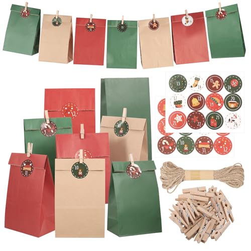 24 Stück Papiertüten, 13x24x8cm Adventskalender zum Befüllen 2024 Geschenktüten Papier 70gsm Mitgebsel Tüten Adventstüten mit Weihnachtssticker Holzclips Hanfseil für Party Weihnachtsdeko von Yoosso