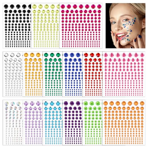 3195 Stück Glitzersteine Selbstklebend, 15 Blätter Strasssteine Bunte Gesicht Klebesteine Schmucksteine für Handwerke Körper Nägel DIY Deko (3/4/5/6/8/10mm) von Yoosso