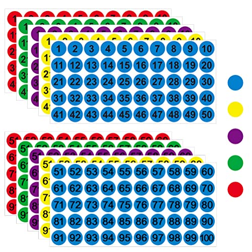 500 Stück Nummer Aufkleber, 25mm 10 Blatt 1 bis 100 Fortlaufende Zahlen Aufkleber Klebepunkte Bunt Etiketten Selbstklebend für Büro Schließfach Heim Ordnen Adventskalender (Rot Grün Blau Lila Gelb) von Yoosso